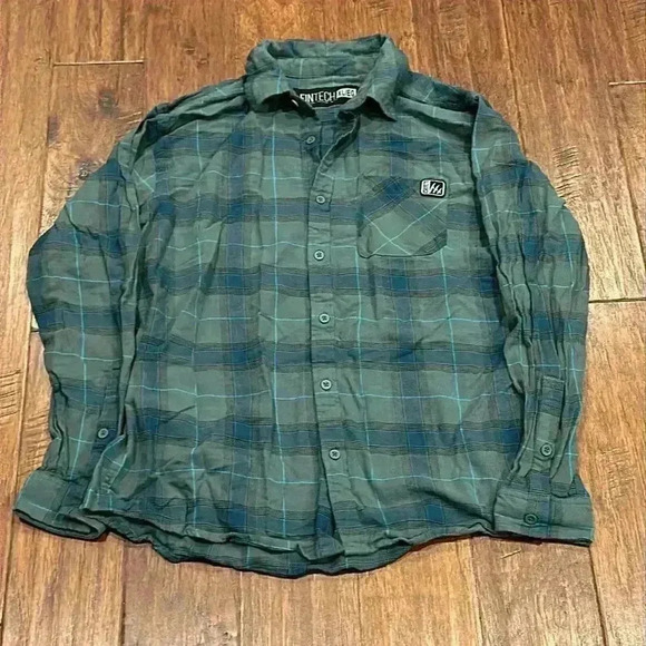 XL FINTECH Blue / Dark Green Checkered Button Down Shirt - Picture 5 of 8